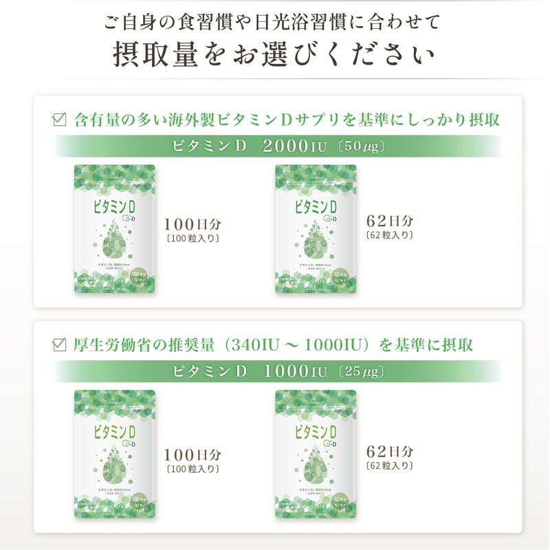 アンビータ ビタミンD【高濃度ビタミンD3】2000IU 62粒 62日分 Quali-D100%サプリメント 国内製造 りんご食物繊維 ANVITA Vitamin D3