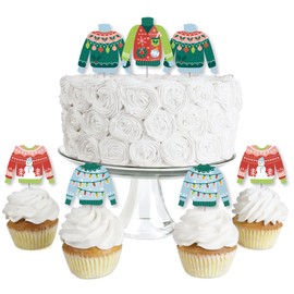 Big Dot of Happiness Colorful Christmas Sweaters - Dessert Cupcake Toppers - Ugly Sweater Holiday Party Clear Treat Picks - Set of 24