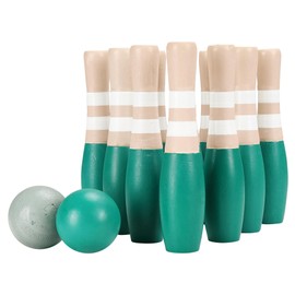 Sterling Sports Wooden Lawn Bowling 9" Skittles Set with Carrying Mesh Bag for Indoors and Outdoors - 10 Wooden Pins and 2 Balls, Green/Turquoise and Gray