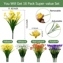 AMZFORGRE 16 Bundles of 4 Colors Artificial Flowers Outdoor Fake Flowers Indoor Faux Plastic Greenery UV Resistant Shrubs Plants for Hanging Plants Pot Garden Porch Home Wedding Window Graves Decor