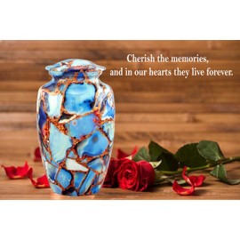 Large Cremation Urn | Handcrafted Marble Finish Adult Cremation Urn | Funeral and Memorial Cremation Urns for Human Ashes up to 200 lbs with Velvet Bag (Luxury Blue)