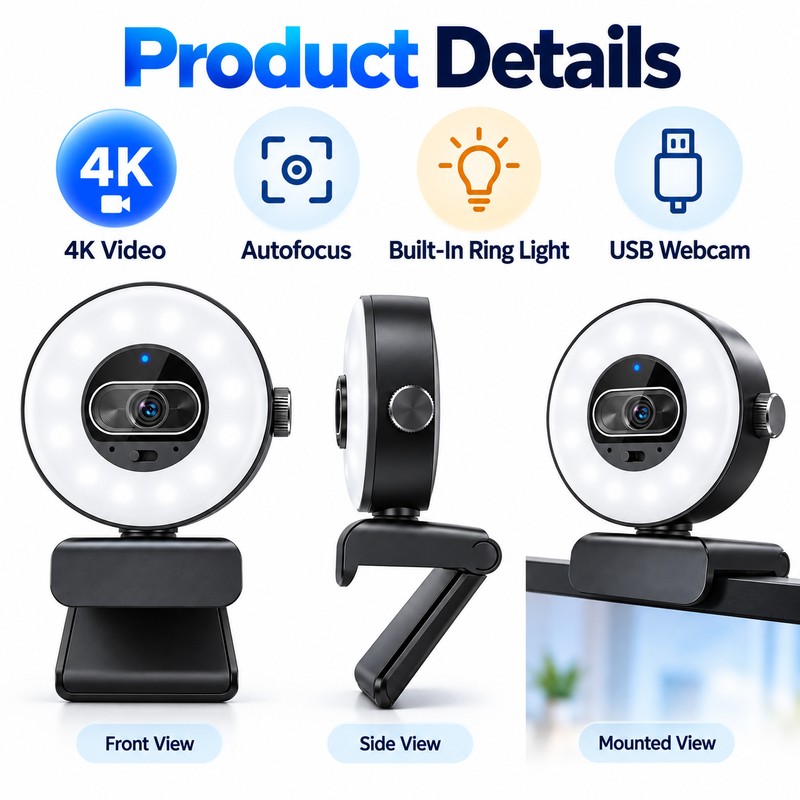 4K Webcam with Ring Light for Video Calls – 1080p