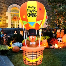 JETEHO 7 Ft Happy Thanksgiving Inflatable Turkey Riding in a Hot Air Balloons, Giant Thanksgiving Blow up Yard Decorations, Lighted Outdoor Thanksgiving Decor for Lawn, Front Yard