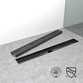 Linear Shower Drain 48 inch Matte Black, Brushed 304 Stainless Steel Shower Drain, Linear Drain with Hair Strainer, Leveling Feet