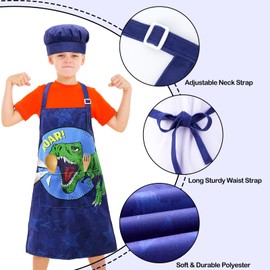 MHJY Kids Apron and Chef Hat for Boys Dinosaur Adjustable Child Aprons with Pockets for Cooking Baking Painting 3-12 Years