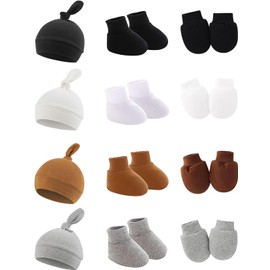 GreatMH 4Set Baby Hat Mittens Socks Set Baby Beanie Hat Gloves Set Hats for Baby Boys Girls Infant 0-6 Months