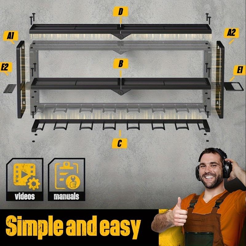 Power tool storage racks with charging stations, wall mounted drill