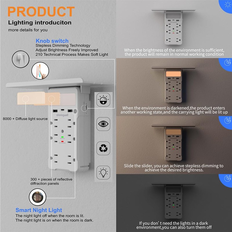 shiningwell Wall Outlet Extender with Shelf and Night Light, Surge