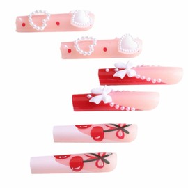 BABALAL Press on Nails Long Square Fake Nails Red French Tip Glue on Nails Heart Bow Charm Acrylic Nails Cute Cherry Stick on nails False Nails 24Pcs Glossy Manicure Squoval Artificial Nails