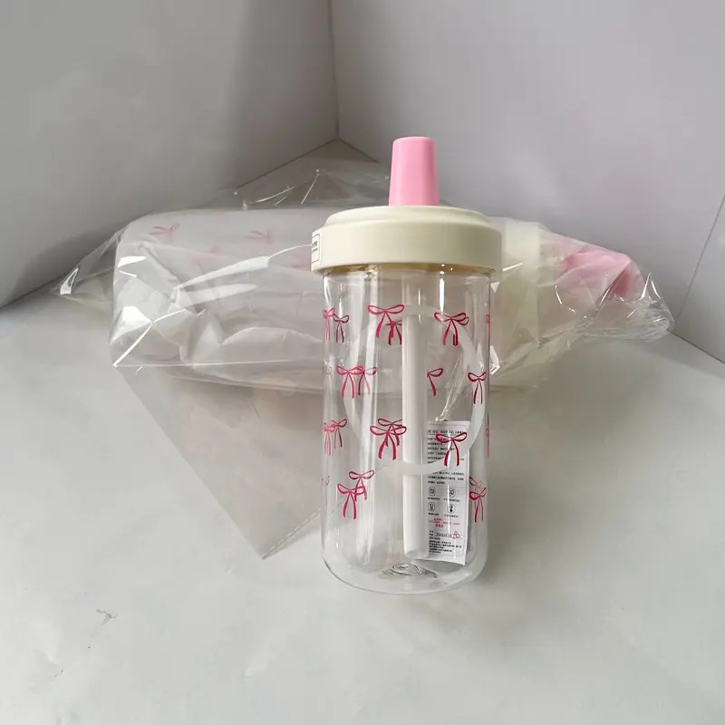 Cute Bow Pattern Straw Water Bottle, Clear Reusable Drinking Bottle