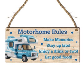 "Motorhome Rules" Sign - Fun and Playful Plaque for RV Enthusiasts and Campers - Rustic Twine Hanger for Easy Display - Perfect Campervan Decor