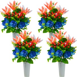 XONOR Artificial Cemetery Flowers for Grave, Set of 4 Artificial Flowers Bouquet Memorial Flowers with Vase for Outdoor Cemetery Headstones Graveyard Gravestone Decoration (Blue&Orange-4Pcs)