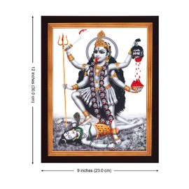 Handicraft Store Hindu Goddess Maa Kali Killing & Ruling Over Shiva, A Rare Hindu Religious Poster Painting with Frame for Worship