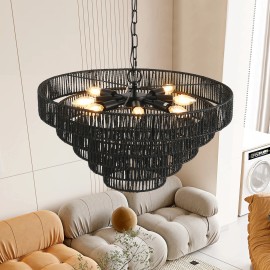 24" Black Farmhouse Chandelier Light Fixtures for Dining Room, 6-Lights Boho Large Pendant Light for Bedroom, Hallway, KitchenShade  color: Black, Design Style: Farmhouse, Lamp Power(W): no bulbs, Number of Lights: 8 Bulbs