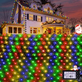 Hezbjiti Christmas Net Lights, 280 LED Mesh Lights 9.8FT x 6.6FT 8 Modes Waterproof Outdoor Christmas Decoration Lights Green Wire for Xmas Bushes, Trees, Lawn, Yard, Garden Party (Multicolor)