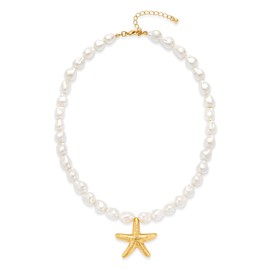 INNERDIVA Starfish Necklace for Women, Gold-Plated Pendant with White Baroque Pearl Beads Adjustable Beach Necklace Summer Coastal Jewelry Gifts