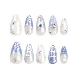 Caiguoer 24pcs Almond Fake Nails 3D Bow False Nails Starry Diamond Press on Nails for Women and Girls