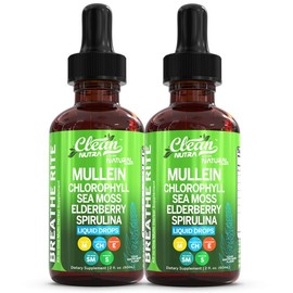 Organic Mullein Liquid Drops With Chlorophyll for Lung Detox Plus Irish Sea Moss, Spirulina, Licorice, Tart Cherry, Lobelia, Motherwort, Elderberry:_2 Bottles