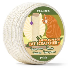 Pelzin Natural Paper Raffia Rope for Cat Scratcher 1/4 Inch by 50 Feet, Cat Tree Rope Twine for Cat Scratching Post Replacement, Cat Tower with Scratch Post Repairing, Replace, Recovering and DIY