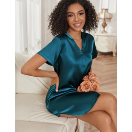 Ekouaer Womens Satin Sleepshirt Loose Silk Satin Nightgown Button Down Nightshirt Short Sleeve Sleepwear Blue