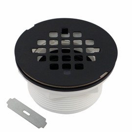 Black No Caulk Shower Drain, Welsan PVC Compression Shower Floor Drain with 4-1/4" Stainless Steel Round Grid Strainer Cover, Matte Black