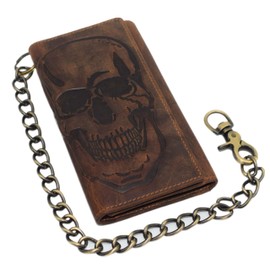 Swiss Marshall Men's RFID Signal Blocking Biker's Vintage Brown Leather Long Tri-fold Chain Checkbook Card ID Wallet (Skull Brown)