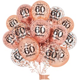 60th Birthday Balloons,15 Pcs Rose Gold Party Decorations with Happy Birthday Latex Confetti Balloons for Women 60th Birthday Décor Anniversary Age Balloons