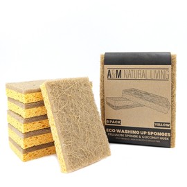 A&M Natural Living Eco Sponge Pack of 6, Yellow Compostable Biodegradable Washing Up Sponge with Coconut Husk Scourer Pad