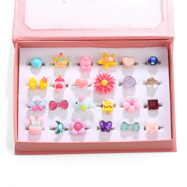 PinkSheep Little Girl Jewel Rings in Box, Adjustable, No Duplication, Girl Pretend Play and Dress Up Rings (24 Lovely Ring)