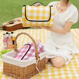 Quilted Waterproof Washable Picnic Mat Camping Groundsheet Car Camping Mat Thick Mat Han River Picnic Mat Foldable Mat Yellow Check 2ea