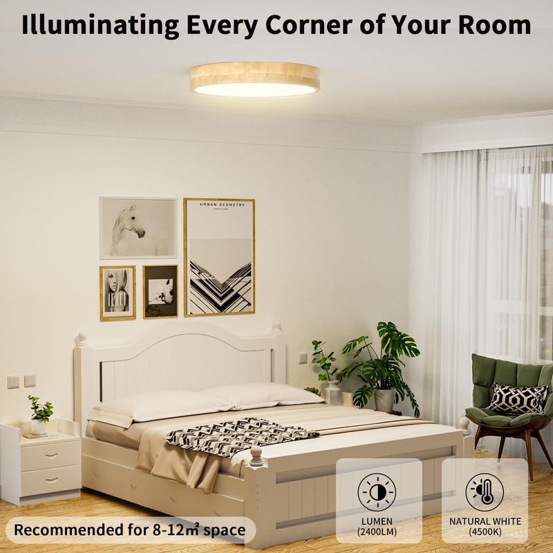 Led Ceiling Light Flush Mount: 12 Inch 24W Wood Bedroom