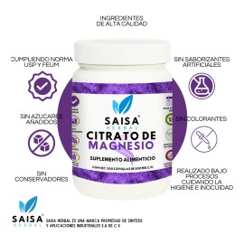 Citrato Magnesio Puro 500 Cápsulas Suplemento Alimenticio Alta Biodisponibilidad Sabor Saisa Herbal Apoyo Sueño Energía Vitalidad