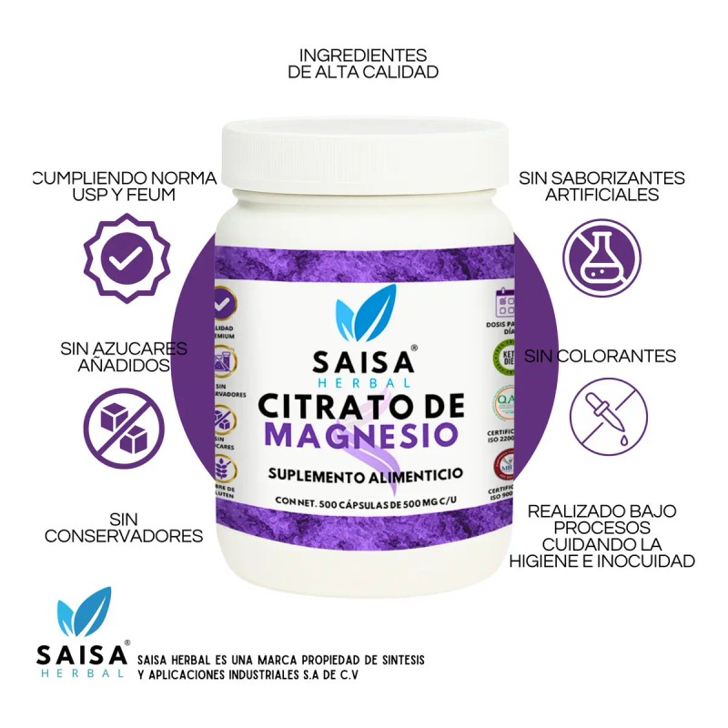 Citrato Magnesio Puro 500 Cápsulas Suplemento Alimenticio Alta Biodisponibilidad Sabor
