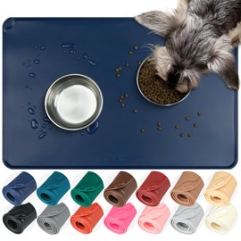 VIVAGLORY Flexmat Dog Food Mat Dog Water Mat for Food and Water & Indoor Cats, Waterproof Silicone Grippy with Raised Edges Lip, L, Navy Blue