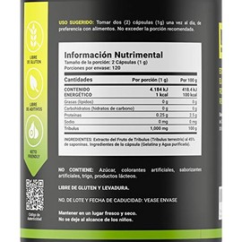 Tribulus de 240 Cápsulas Estandarizado al 45% de 1000 mg. Ingredientes naturales. Tribulus Terrestris B Life.