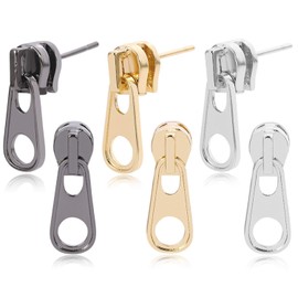 DAMLENG Fashion Vintage Gold Silver Zipper Shape Studs Earring Sets Metal Alloy Black Funky Zipper Dangle Drop Earrings For Women Men (Black+Sliver+Gold)