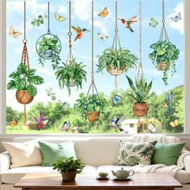 decalmile Spring Hanging Potted Plant Double Sided Window Clings Botanical Cactus Green Leaves Anti-Collision Glass Doors Window Stickers Decals