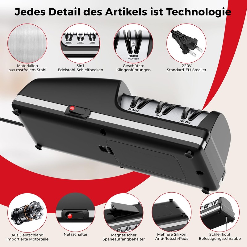 Professional Electric Knife Sharpener, 3-Stage Diamond Abrasive Sharpening System, Replaceable