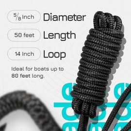 Elite Fenders - 50ft x 5/8" Premium Dock Line Double Braid Nylon with 14" Loop & Sleeve