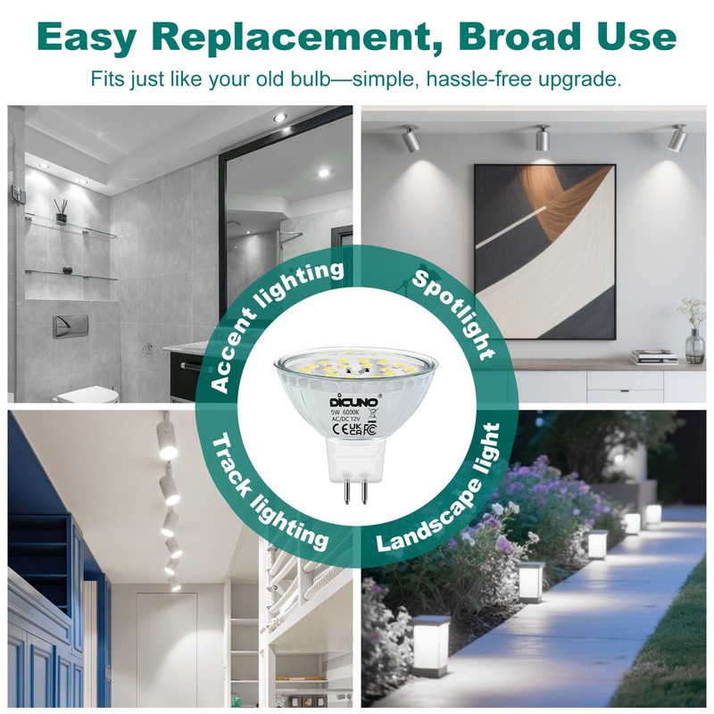 DiCUNO GU5.3 LED Bulb, Non-dimmable 12V MR16 Spotlight Bulb, Daylight
