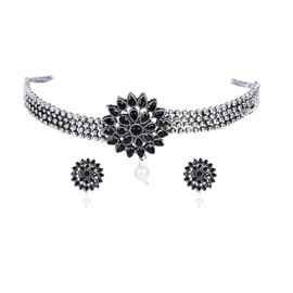 Efulgenz Oxidized Choker Necklace Earrings Set Indian Jewelry Sets for Women Black Indian Oxidized Jewelry Antique Boho Necklace Crystal Floral Earrings Set Bohemian Statement Jewelry for Women