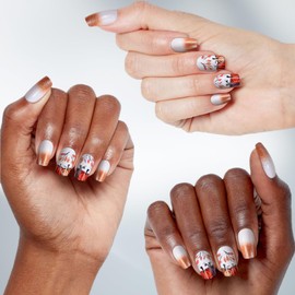 Fall Square Press on Nails Orange French Tip Medium Glitters Fake Nails with Designs Pumpkin, FlexFly Reusable Acrylic Nails Glossy Full Cover Natural Stick on Nails for Women Thanksgiving Gift 24PCS