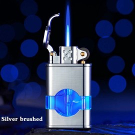 The Vintage Lighter Vintage Inspired Single Torch Lighter with See-thru Reservoir & Blue light - Silver Brushed