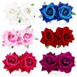 Cinaci 6 Pieces Wedding Party Prom Double Rose Flower French Twist Hair Side Combs Slides with 20 Teeth Floral Hair Pins Headpieces Accessories for Women Girls