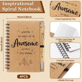 8 Pcs Thank You Gift for Colleague Employee Appreciation Gifts 4 Motivational Notebook 4 Wood Bamboo Ballpoint Pen Inspirational Kraft Lined Spiral Notepad Thank You Ballpoint Pen for Coworker Teacher