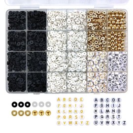 Black White Clay Beads Bracelet Making Kit 2400 Pcs Flat Polymer Clay Bead Gold Spacer Letter Beads for Friendship Bracelet Jewelry Making Adult