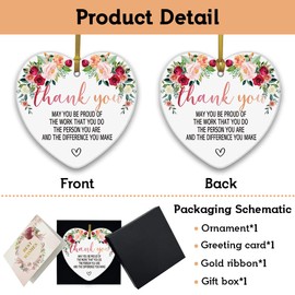 REWIDPARTY Thank You Gifts Keepsake Christmas Tree Ceramic Ornament Appreciation Gifts for Family Friends Christmas Birthday Gifts for Teacher 3" Heart Ceramic Ornament with Gold Ribbon & Gift Box