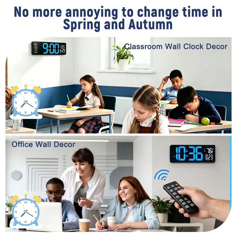 CherishMood 13" Large LED Digital Wall Clock, Remote Control, 10-Level