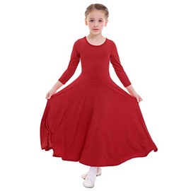 ZX Girls Long Sleeve Praise Dance Dress Full Length Wide Swing Lyrical Dancewear Liturgical Worship Costume (Tag 160, Red)