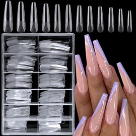 LoveOurHome 240pc XXL Coffin Gel x Nail Tips Extra Long Clear Coffin Fake Nails Full Cover Ballerina Artificial False Nails 12 Sizes for Gel X Acrylic Nail Extension